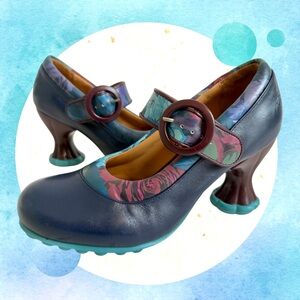 John Fluevog Cosmos CERES Mary Jane Heels with Navy with floral accents